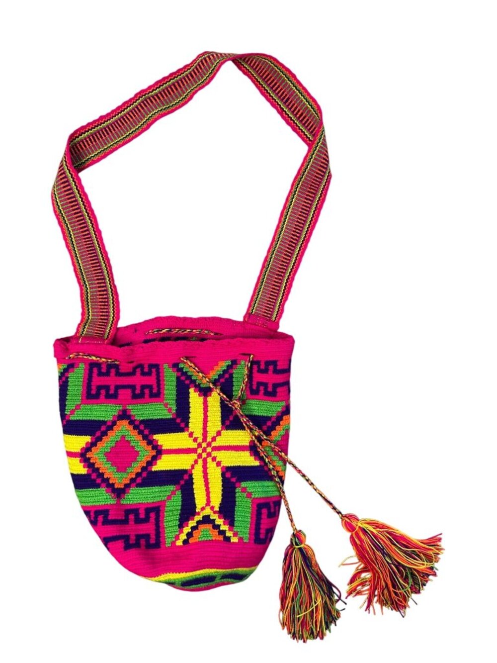 Handwoven Wayuu Bag Bright Geometric Patterns Tassels Vibrant Pink Yellow Green